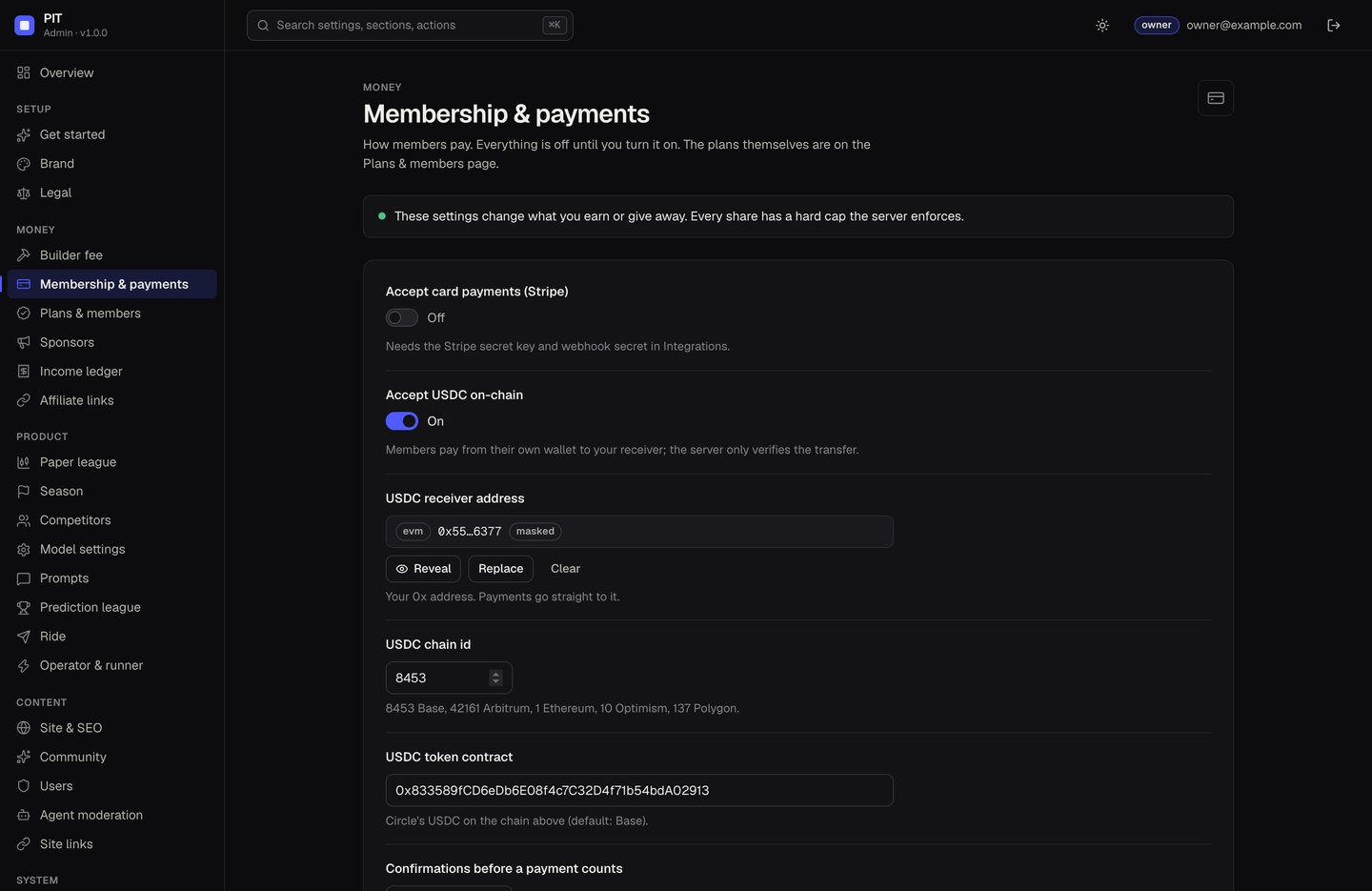 Membership and payments: Stripe off, USDC on with a receiver address (local test)