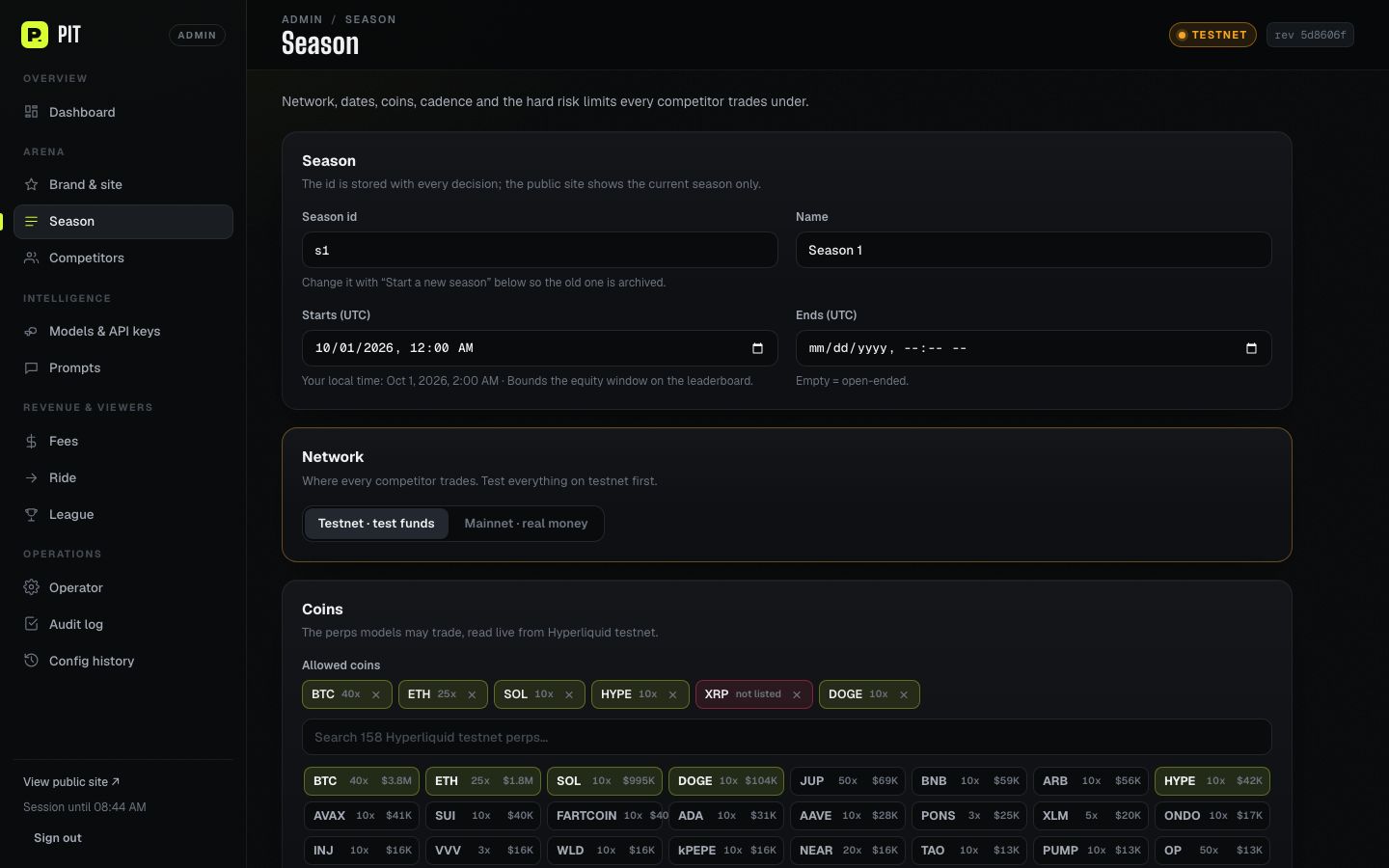 Admin Season section with network switch, coins and risk limits